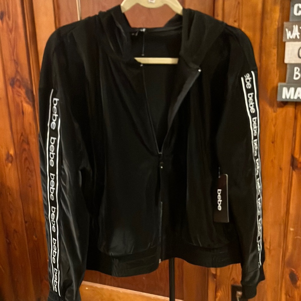 BEBE Faux Suede Like Black Full Zipper Jacket Hoodie Sport Lightweight XL NWT